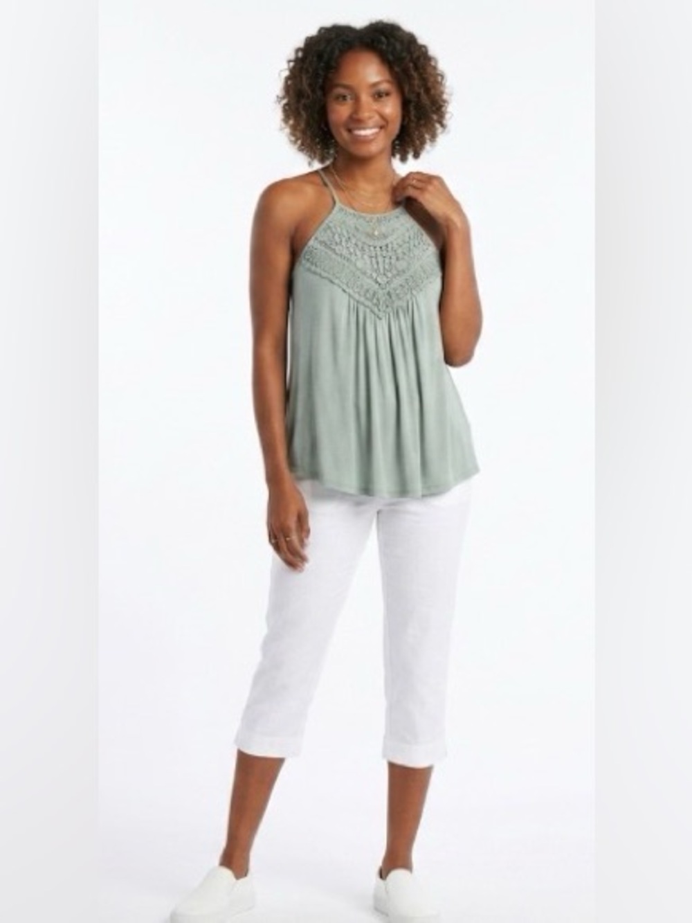 GeeGee size small stage green tank top blouse with crochet details